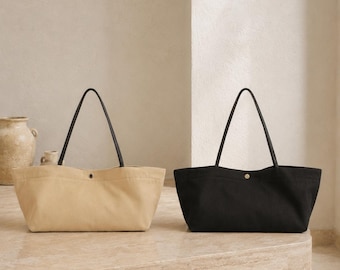 Leren tas, canvas en lamsleren shopper, minimalistische schoudertas voor dagelijks gebruik, lichtgewicht tas voor werk en reizen, casual shopper.
