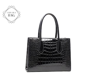 Black Croc Embossed Leather Tote Bag Structured Top Handle Crossbody Handbag