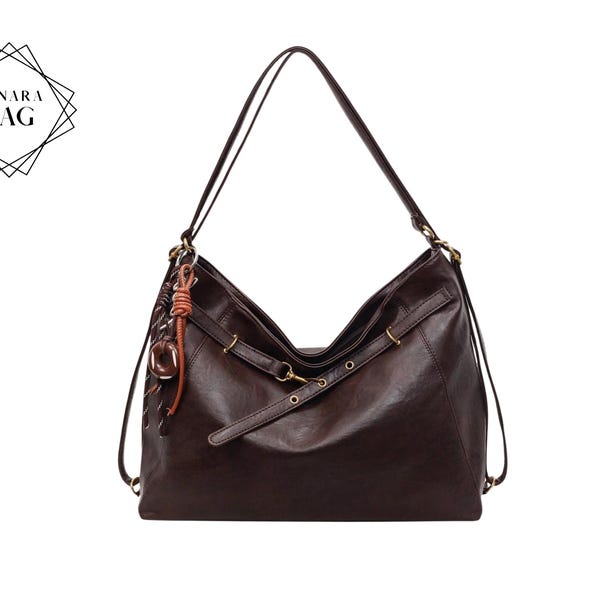 Brown Leather Hobo Shoulder Bag Large Capacity Slouchy Adjustable Strap Purse