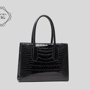Bolso tote negro efecto cocodrilo estructurado asa corta bandolera elegante