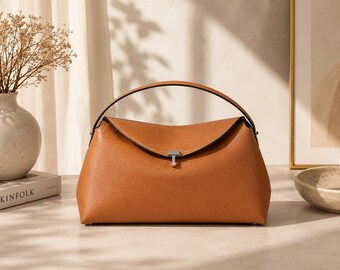 Minimalist Genuine Leather Top Handle Bag With Lock Closure And Shoulder Strap