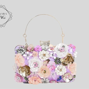 Lavender 3D Floral Evening Clutch Bag Beaded Luxury Wedding Handbag