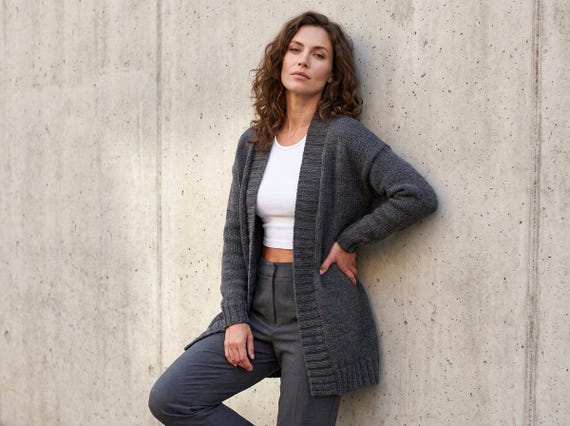 Knit Cardigan Pattern Easy Cozy Classic Ribbed Relaxed Fit Open Front PDF
