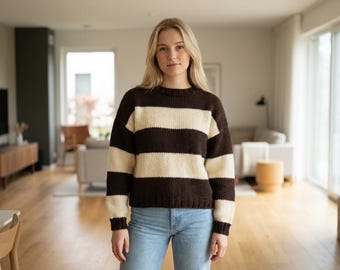 Knit Sweater Pattern Striped Easy Oversized Womens Pullover PDF