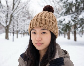 Patrón de gorro de ganchillo con pompón grueso, fácil para principiantes (PDF)