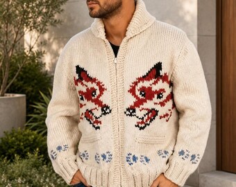 Cardigã masculino Fox Jacquard, suéter de tricô grosso com zíper, estilo inverno com inspiração vintage.
