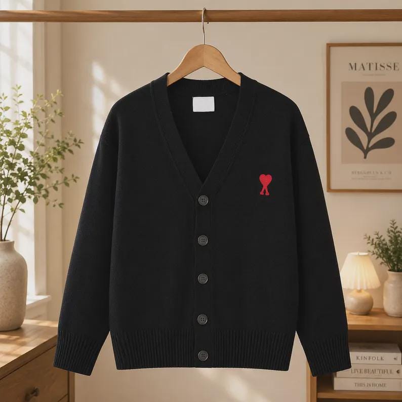 AMI, Vintage AMI Paris Heart Cardigan Sweater, Unisex Button Front Cozy Knit Winter Layering
