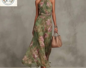 Puede incluir: Vestido largo con cuello halter en tonos verdes y rosas con estampado floral. Se combina con un bolso de mano beige y sandalias. La imagen también incluye un logotipo en la esquina superior izquierda.