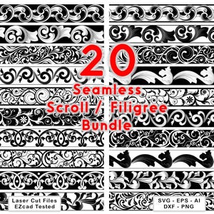 Könnte beinhalten: Eine Sammlung von 20 nahtlosen Scroll- und Filigran-Bordürenmustern in Schwarz und Weiß. Das Bild zeigt verschiedene verzierte, sich wiederholende dekorative Designs mit Texteinblendungen, die 20 Seamless Scroll / Filigree Bundle, Laser Cut Files EZcad Tested und SVG - EPS - AI DXF - PNG lauten.