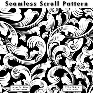 Peut inclure: Un motif de volutes sans couture en noir et blanc avec des feuilles d'acanthe fluides et complexes. L'image contient le texte Seamless Scroll Pattern en haut, et Laser Cut Files EZcad Tested et SVG - EPS - AI DXF - PNG en bas.