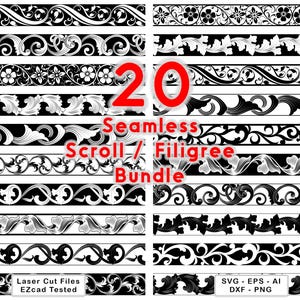 Pode incluir: Uma coleção de 20 designs de bordas sem costura de volutas e filigranas em preto e branco. A imagem apresenta vários padrões repetitivos de motivos florais, folhas de acanto e linhas curvas. O texto inclui: 20 Seamless Scroll / Filigree Bundle, Laser Cut Files, EZcad Tested, SVG - EPS - AI, DXF - PNG.