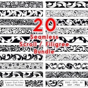 Pode incluir: Uma coleção de 20 designs de bordas sem costura de volutas e filigranas em preto e branco. A imagem apresenta vários padrões repetitivos, incluindo motivos florais, vinhas e curvas ornamentadas. Texto: 20 Seamless Scroll / Filigree Bundle.