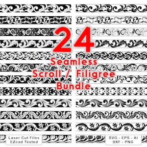 May include: A digital collection of 24 seamless scroll and filigree border patterns in black and white. The graphic includes the text 24 Seamless Scroll / Filigree Bundle, Laser Cut Files, EZcad Tested, and SVG - EPS - AI - DXF - PNG.