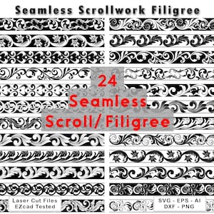 May include: A collection of 24 seamless scrollwork filigree border designs in black and white. The image features various intricate floral and vine patterns arranged in horizontal strips, with text reading Seamless Scrollwork Filigree, 24 Seamless Scroll/Filigree, Laser Cut Files EZcad Tested, and SVG EPS AI DXF PNG.