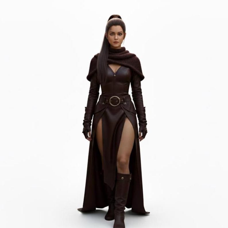 Disfraz de cazadora de cuero personalizado para mujer, vestido de guerrera medieval, atuendo de armadura de fantasía, vestido de LARP para cosplay con cinturón, capa y brazaletes. imagen 1
