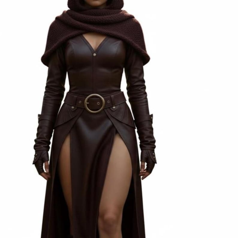 Puede incluir: Un vestido de cuero marr&oacute;n con mangas largas, cuello en V y una abertura alta. El vestido est&aacute; ce&ntilde;ido a la cintura con un cintur&oacute;n y una hebilla circular grande. Una capa con capucha a juego y guantes sin dedos completan el conjunto.
