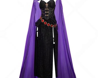 Disfraz de bruja gótica para mujer, vestido de terciopelo con capa y sombrero, atuendo de cosplay de Halloween, conjunto de disfraz de maga y hechicera para fiestas.