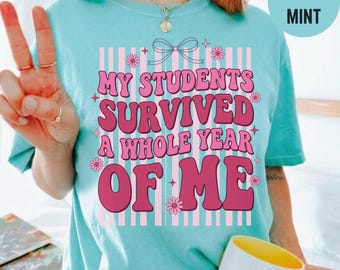 My Students Survived A Whole Year Of Me Shirt, Retro Teacher Comfort Colors Tee, Funny End Of School Year Shirt, Pink Stripe Teacher Gift