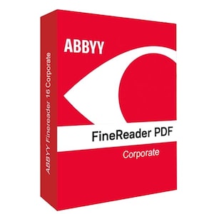 Op de afbeelding: Een rode doos met het ABBYY-logo en de tekst "FineReader PDF Corporate". De doos heeft ook de tekst "ABBYY FineReader 16 Corporate" op de zijkant. Het logo is een witte oogvorm op een rode achtergrond.