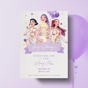 May include: A birthday party invitation featuring three girls in white and pink outfits, with a cake and balloons. The invitation reads "Amy is turning 7" and includes party details: Sunday, May 24th, 2-5 PM, at Amy's Place.