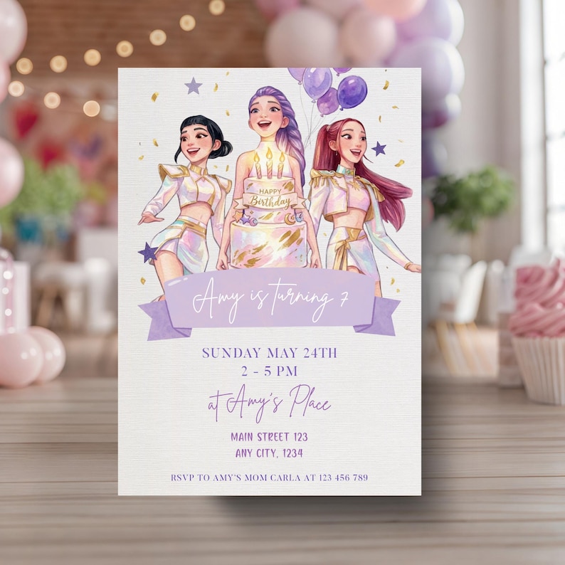 May include: Birthday invitation featuring three illustrated figures in white and gold outfits. The invitation includes the text "Amy is turning 7" and event details: Sunday, May 24th, 2-5 PM, at Amy's Place, with an RSVP contact.