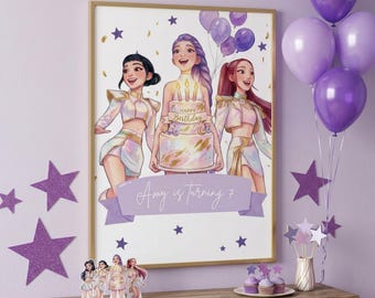 Kpop Demon Hunters Welcome Sign, Huntrix Birthday Party Poster, Editable Canva Template, Purple Watercolor Demon Hunters Theme, A2 Printable