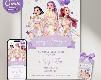 Kpop Birthday Party Bundle | Kpop Demon Hunters Invitation | Editable KPOP Canva Template | Thank You Tag | Printable 5x7 | Digital Download