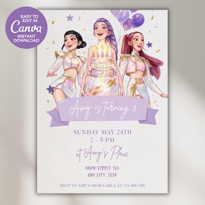 May include: A birthday party invitation featuring three illustrated figures in white and gold outfits, with a cake and balloons. The invitation reads "Amy is turning 7" and includes party details. The Canva logo is in the upper left.