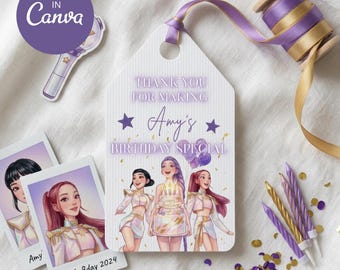 KPOP Birthday Thank You Tags | Editable Party Favor Tags | Kpop Girl Party Printable | Canva Template | Digital Download | Kpop Demon Hunter