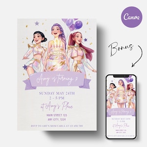 May include: A birthday party invitation featuring three cartoon girls in white and gold outfits, with a cake and balloons. The invitation reads "Amy is turning 7" with event details. A phone displays the same design.