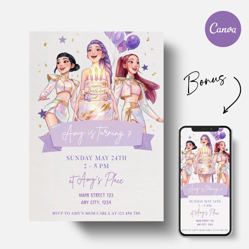 May include: A birthday party invitation featuring three cartoon girls in white and gold outfits, with a cake and balloons. The invitation reads "Amy is turning 7" with event details. A phone displays the same design.