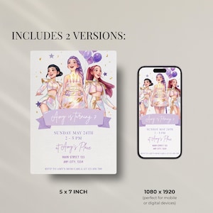 May include: A birthday party invitation featuring an illustration of three girls with a cake. The invitation includes the text "Amy is turning 7" and event details. A mobile phone displays the same design. The invitation is 5 x 7 inches.