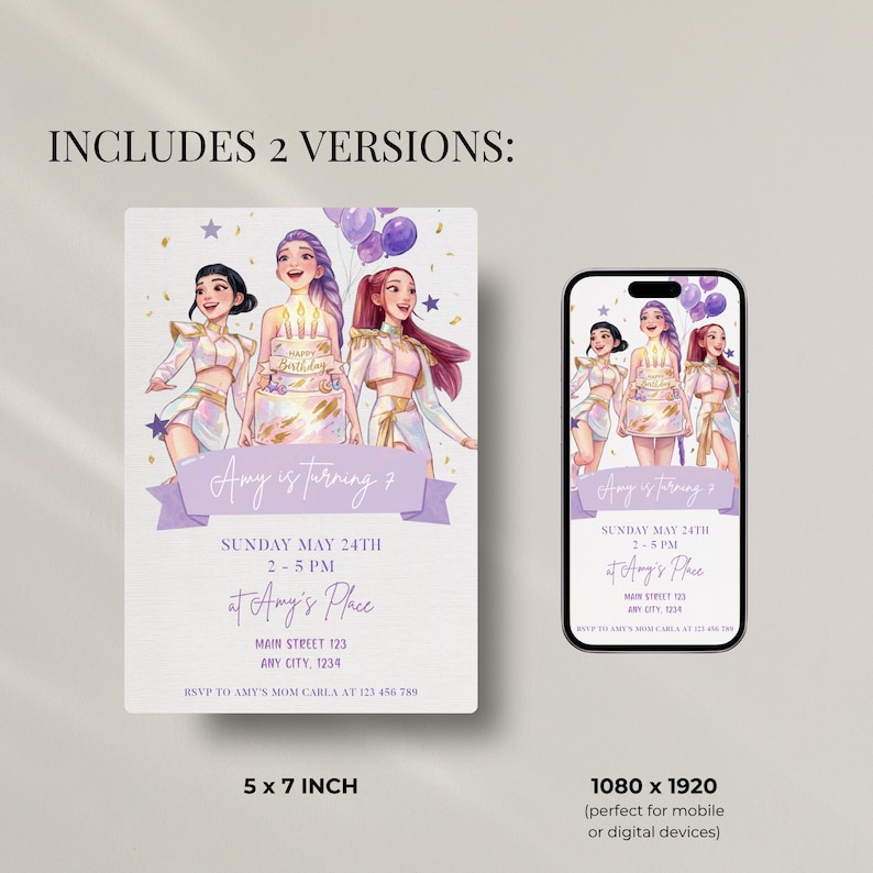 May include: A birthday party invitation featuring an illustration of three girls with a cake. The invitation includes the text "Amy is turning 7" and event details. A mobile phone displays the same design. The invitation is 5 x 7 inches.