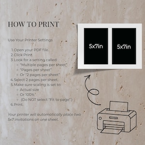 May include: Print instructions graphic with text "HOW TO PRINT". Instructions include opening a PDF, selecting print, and choosing settings like "multiple pages per sheet" and "actual size". Two 5x7 inch black rectangles are shown.