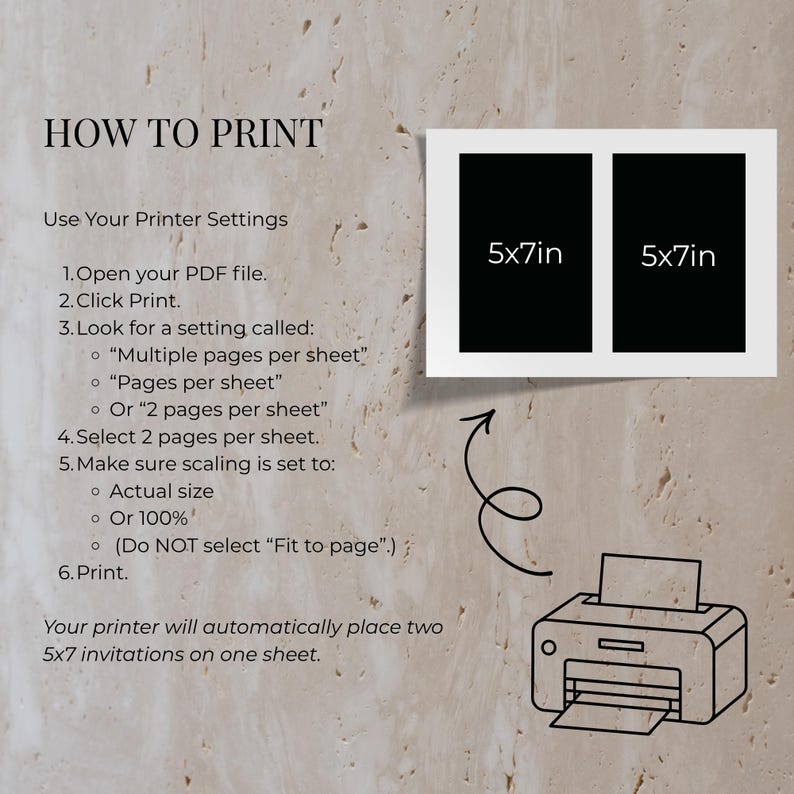May include: Print instructions graphic with text "HOW TO PRINT". Instructions include opening a PDF, selecting print, and choosing settings like "multiple pages per sheet" and "actual size". Two 5x7 inch black rectangles are shown.