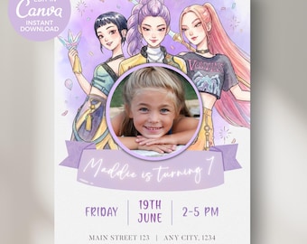 Editable KPOP birthday Photo invitation, Demon hunters party invitation, Kids Party invite, Customizable birthday invite, Digital download