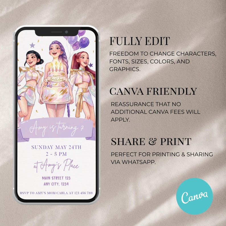 May include: A digital invitation on a smartphone screen. The invitation features three cartoon girls, a birthday cake, and the text "Amy is turning 7." Additional text includes event details and RSVP information. The design is in shades of purple and white.