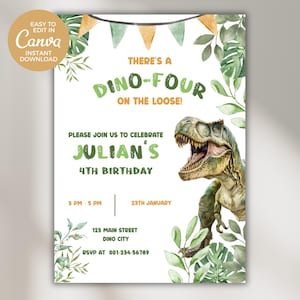 Op de afbeelding: Een witte uitnodiging met een dinosaurus thema. De tekst luidt "There's a Dino-Four on the Loose!" en nodigt gasten uit voor Julian's 4e verjaardag. Bevat een aquarel illustratie van een T-Rex en decoratief groen.