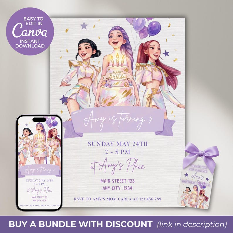 May include: A birthday party invitation featuring three cartoon figures, a cake, and balloons. The invitation includes the text "Amy is turning 7" and event details. A matching phone graphic and gift tag are also shown.