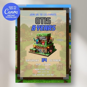 Pixel Block Birthday Invitation Boy | Minecrafter Party Invite | Printable & Editable Template | Kids Gaming Birthday | Digital Invite |