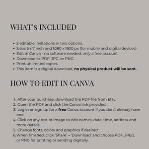 May include: Digital download instructions for editable invitations. Includes details on sizes (5 x 7 inches), Canva editing, and file formats (PDF, JPG, PNG). Instructions on how to edit names, dates, and more are included.