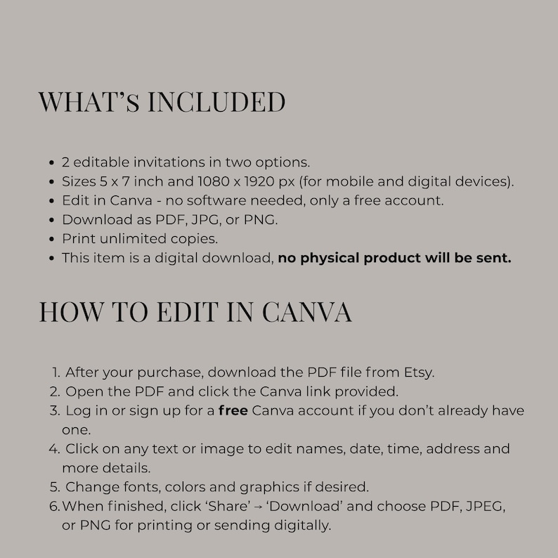 May include: Digital download instructions for editable invitations. Includes details on sizes (5 x 7 inches), Canva editing, and file formats (PDF, JPG, PNG). Instructions on how to edit names, dates, and more are included.