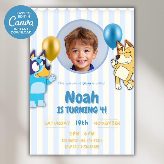 Editable Bluey Invitation with Photo | Kids Birthday Party Invite Template | Blue Bluey Birthday Invitation | Bluey Theme Digital invite