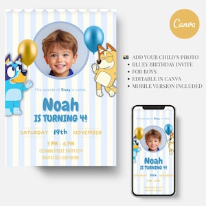 Op de afbeelding: Bluey-thema verjaardagsuitnodiging met een foto van een kind, ballonnen en stripfiguren. De uitnodiging luidt "Noah wordt 4!" met evenementdetails. Een mobiele versie wordt ook getoond.