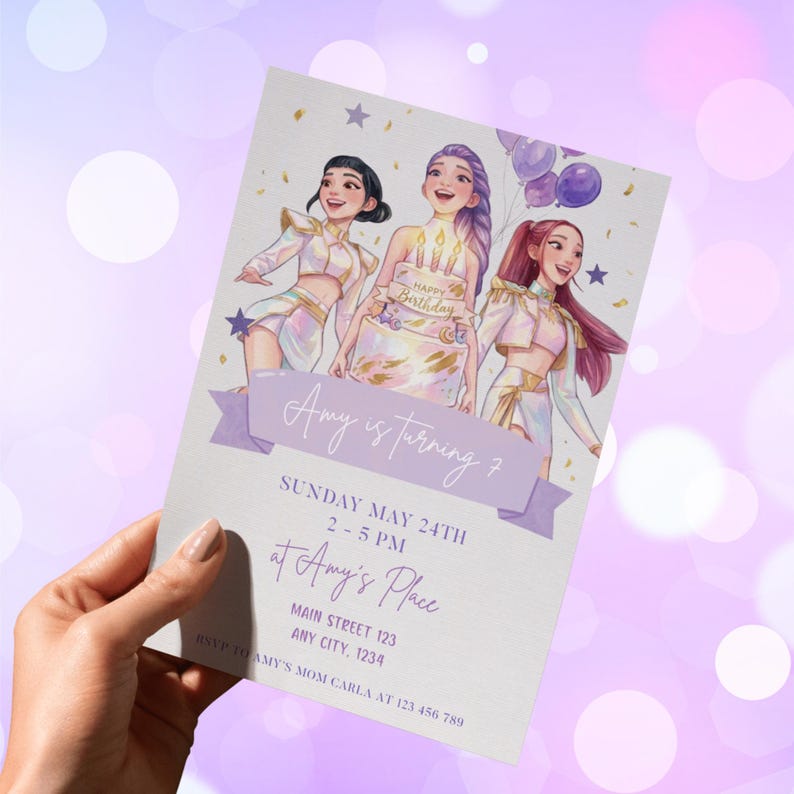 May include: A birthday party invitation featuring three illustrated girls, a cake, and balloons. The invitation reads "Amy is turning 7" with the date, time, and location details. The design is in shades of purple and white.