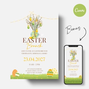 Op de afbeelding: Een uitnodiging voor een Paasbrunch met de woorden "Easter Brunch" in een decoratief lettertype. De uitnodiging bevat details voor een Paasbrunch met croissants, mimosa's en meer. De datum is 23 april 2027, van 11.00 tot 14.00 uur.