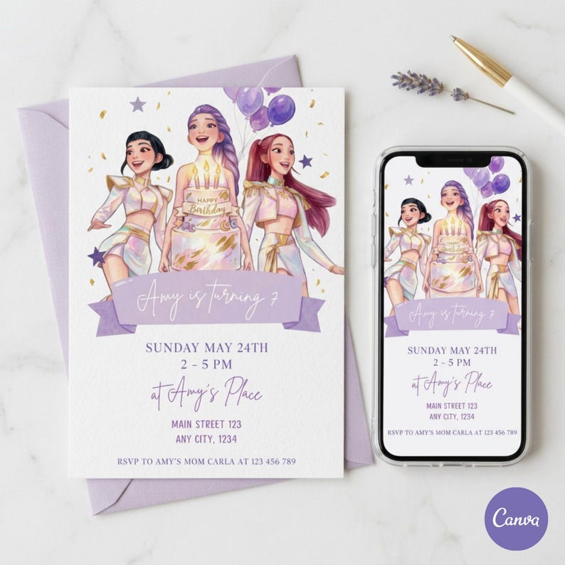May include: A birthday invitation featuring an illustration of three girls with a cake, balloons, and the text "Amy is turning 7." The invitation includes event details: Sunday, May 24th, 2-5 PM, at Amy's Place, and RSVP information.