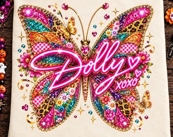 Dolly Parton fjäril PNG, lapptäckefjäril PNG, countrymusikskjortadesign, western cowgirl sublimering PNG, färgglad fjäril PNG