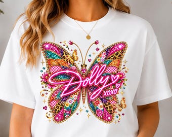 Dolly Parton fjäril PNG, lapptäckefjäril PNG, countrymusikskjortadesign, western cowgirl sublimering PNG, färgglad fjäril PNG