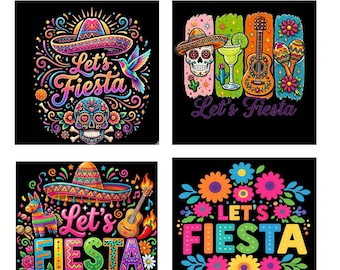 May include: A 4 PNG bundle of colorful digital art with a fiesta theme. Each design features vibrant illustrations of sombreros, skulls, guitars, and flowers, with the words "Let's Fiesta" in bold, decorative fonts. The background is black.